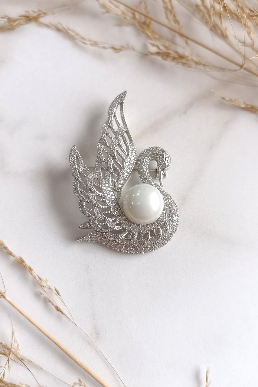 Брошка Лебідь з кристалами Swarovski